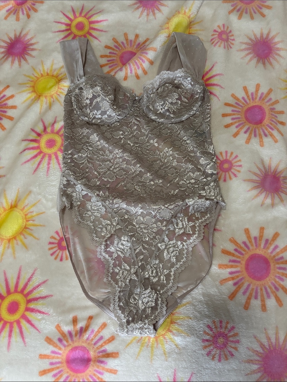 vassarette Sheer Lace Bodysuit in Taupe Beige